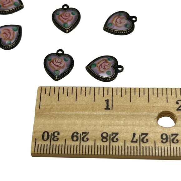 8 Vintage Pink Rose Enamel Heart Charms Findings Jewelry Making Supplies Destash - Picture 6 of 9